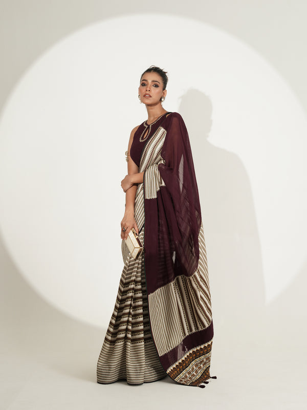 Maroon & Ivory Printed Saree with Contrast Blouse