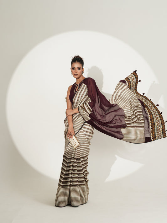 Maroon & Ivory Printed Saree with Contrast Blouse