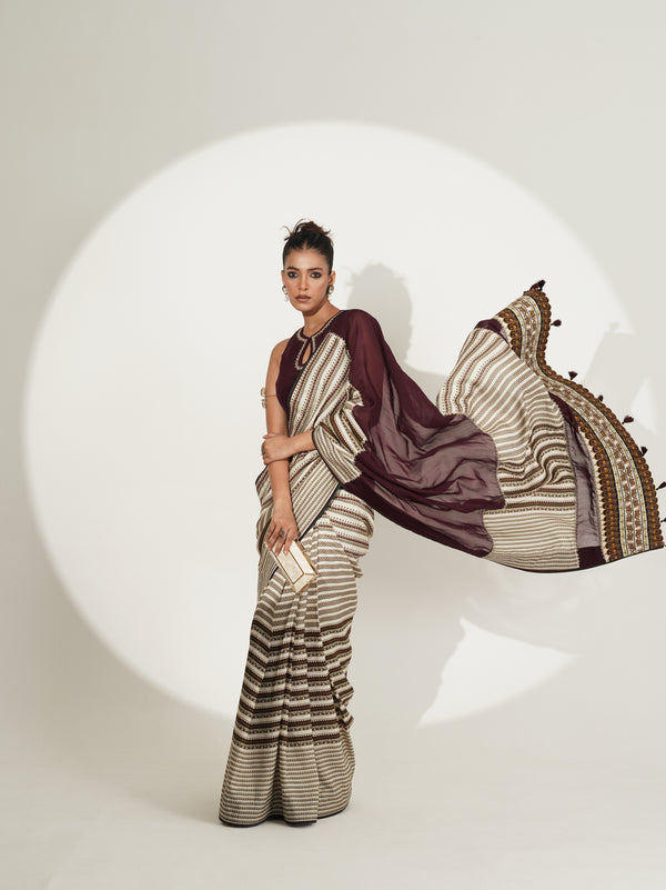 Maroon & Ivory Printed Saree with Contrast Blouse