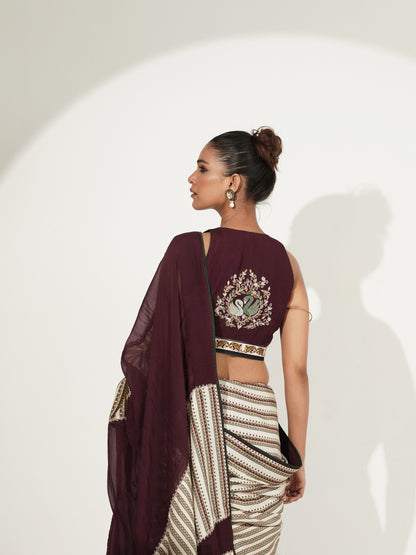 Maroon & Ivory Printed Saree with Contrast Blouse