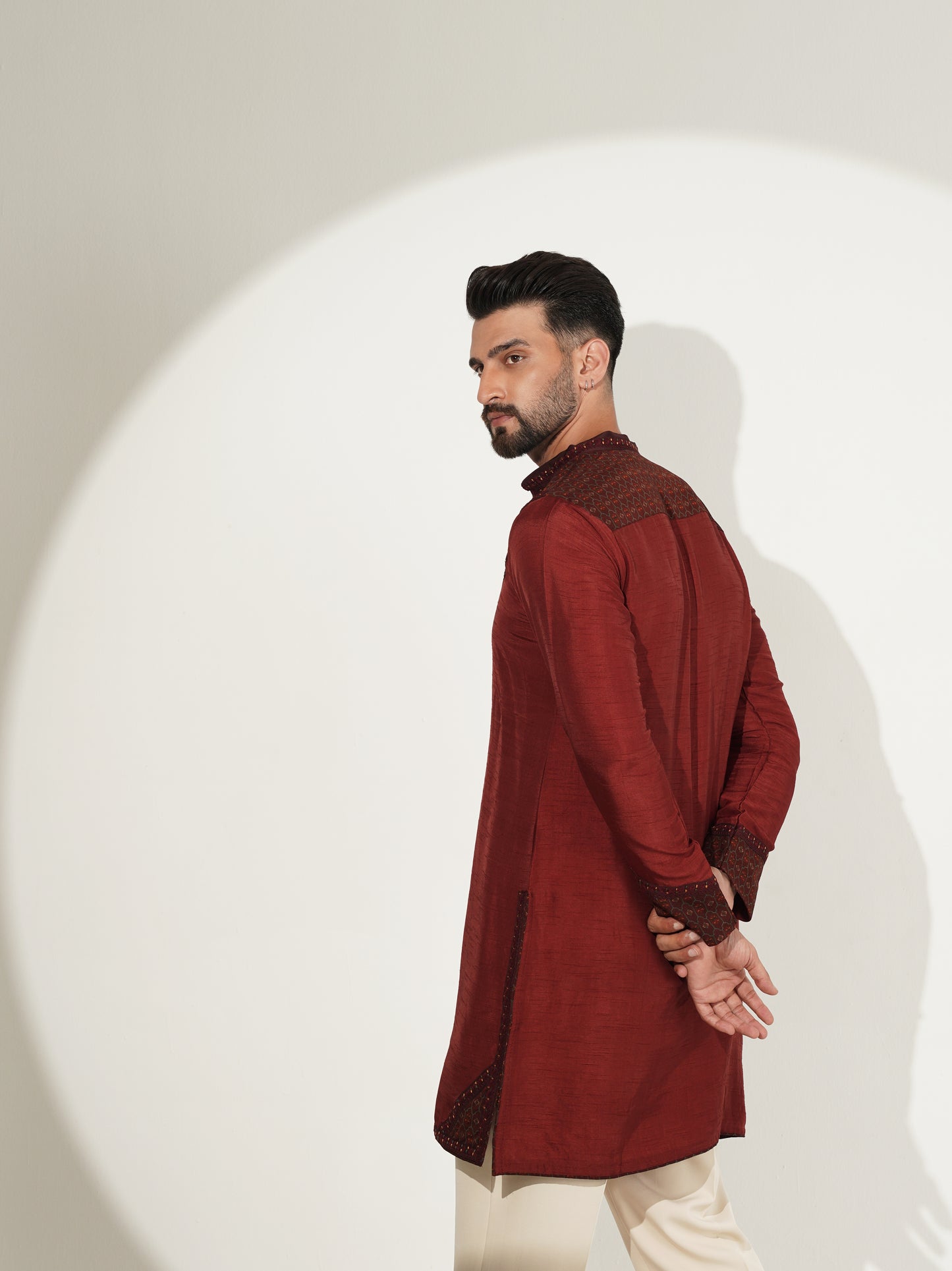 Deep Wine Kurta Set with Embroidered Panel Detailing
