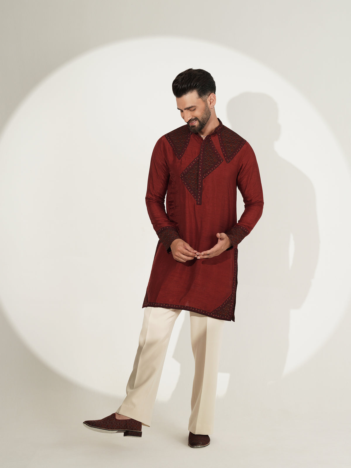 Deep Wine Kurta Set with Embroidered Panel Detailing