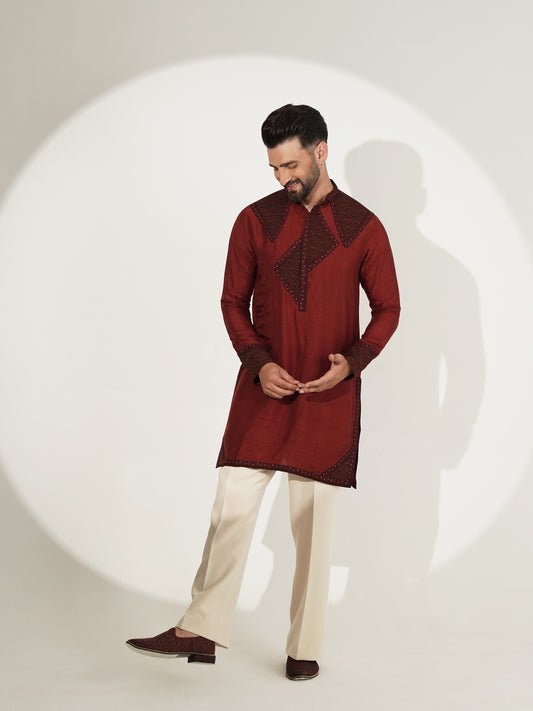 Deep Wine Kurta Set with Embroidered Panel Detailing