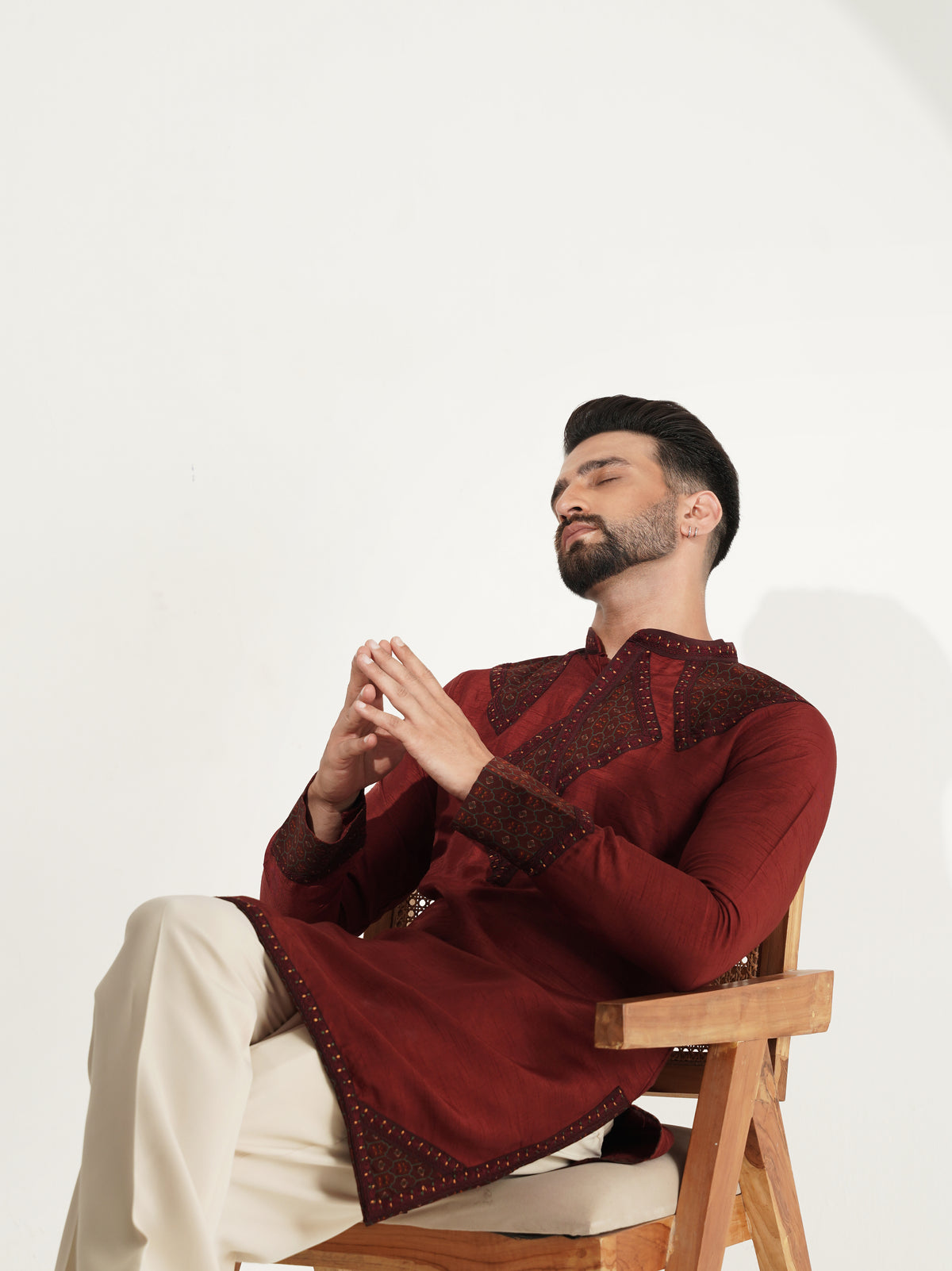Deep Wine Kurta Set with Embroidered Panel Detailing
