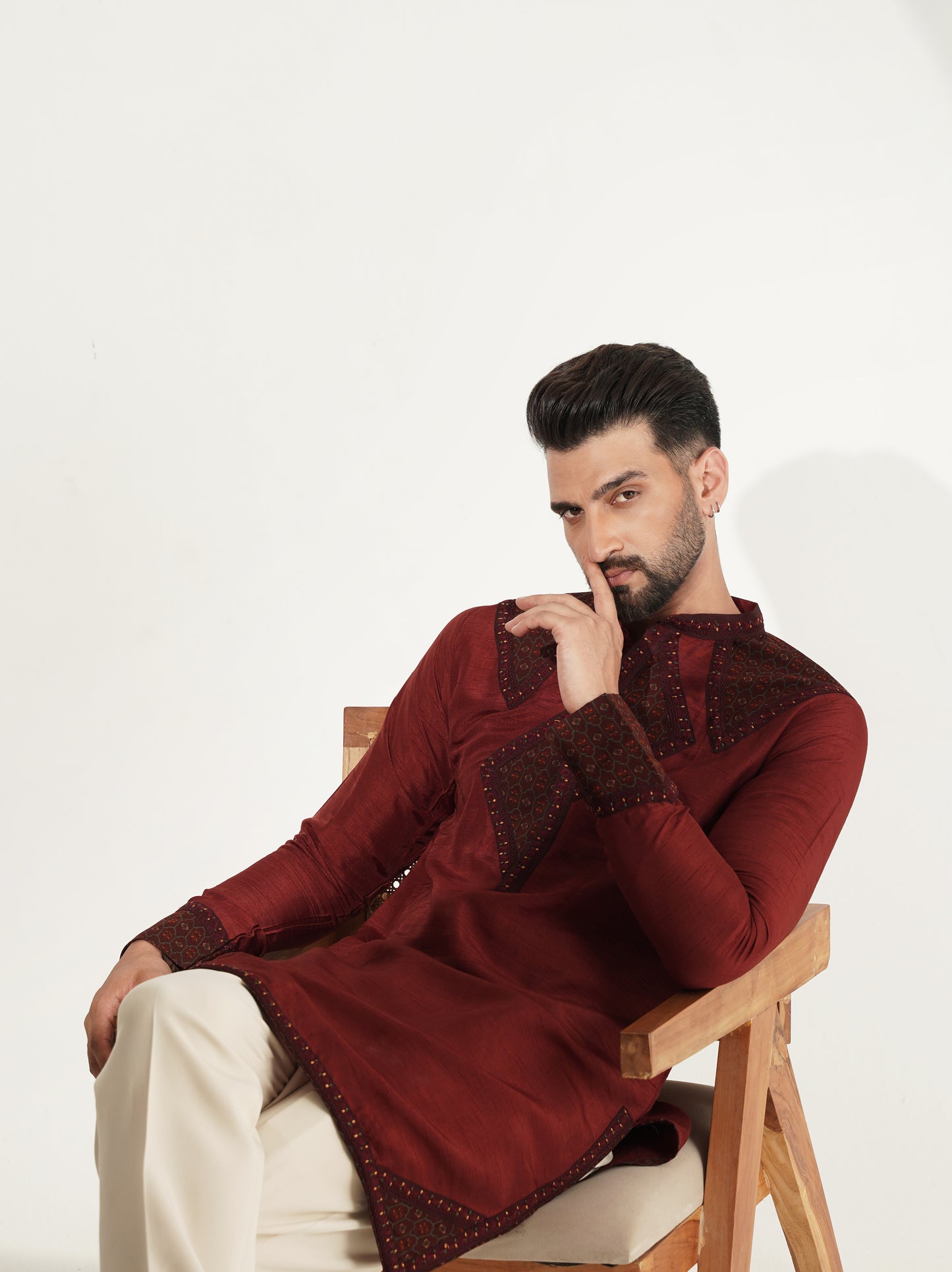 Deep Wine Kurta Set with Embroidered Panel Detailing