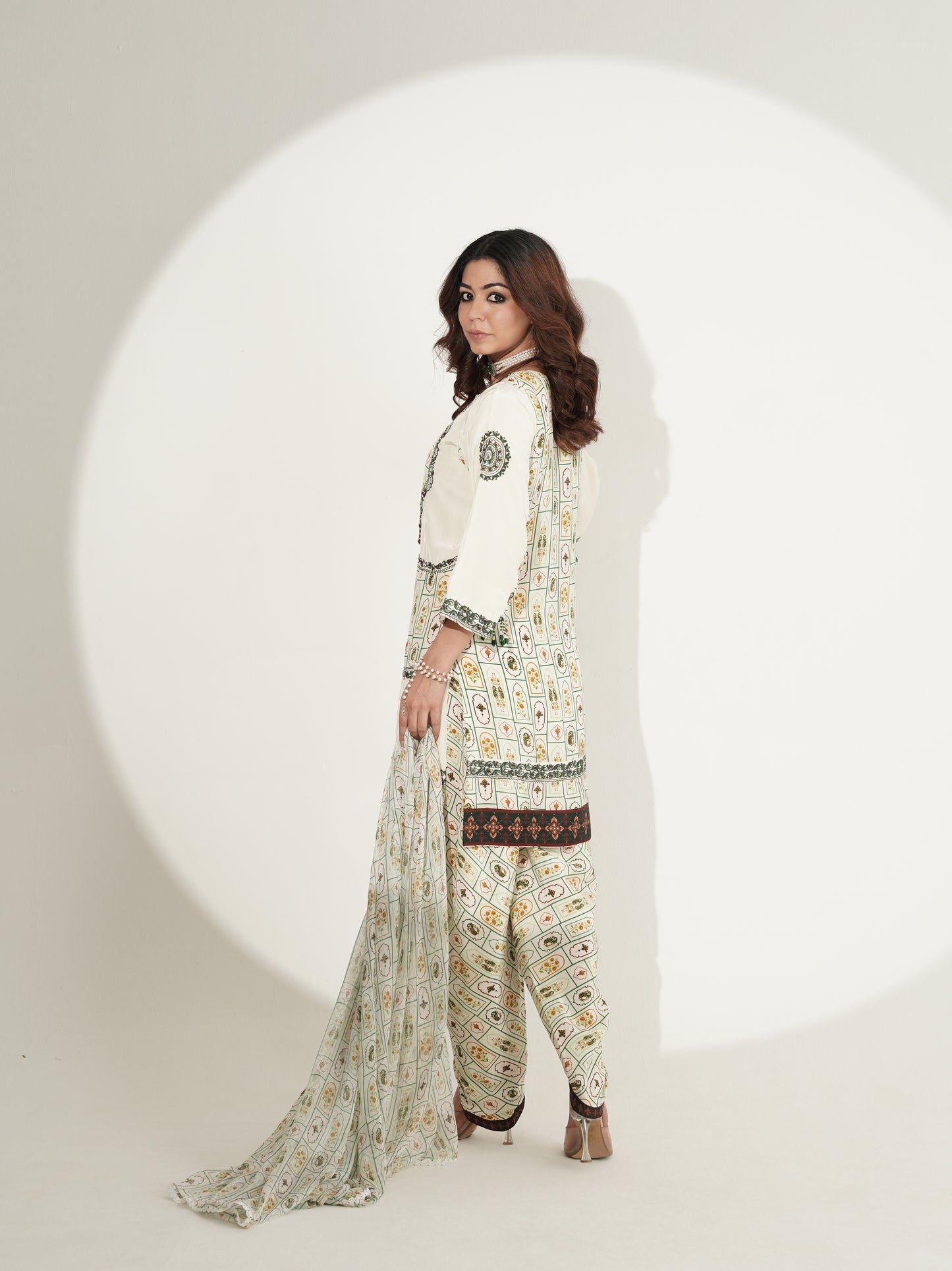 Ivory Printed Kurta Set with Embellished Dupatta & Tulip Pants