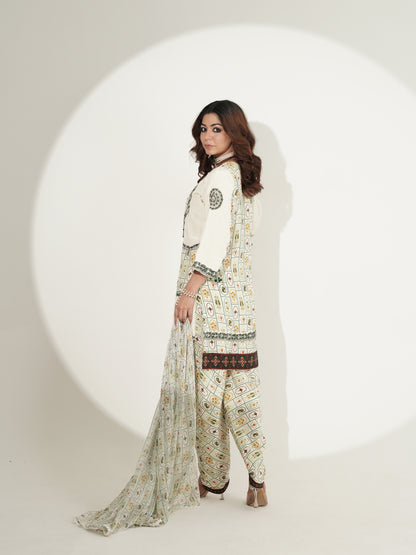 Ivory Printed Kurta Set with Embellished Dupatta & Tulip Pants