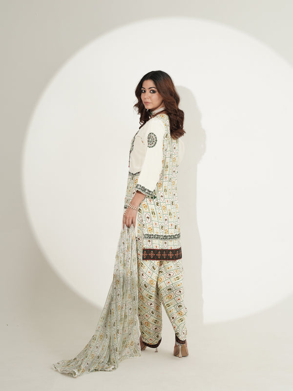Ivory Printed Kurta Set with Embellished Dupatta & Tulip Pants