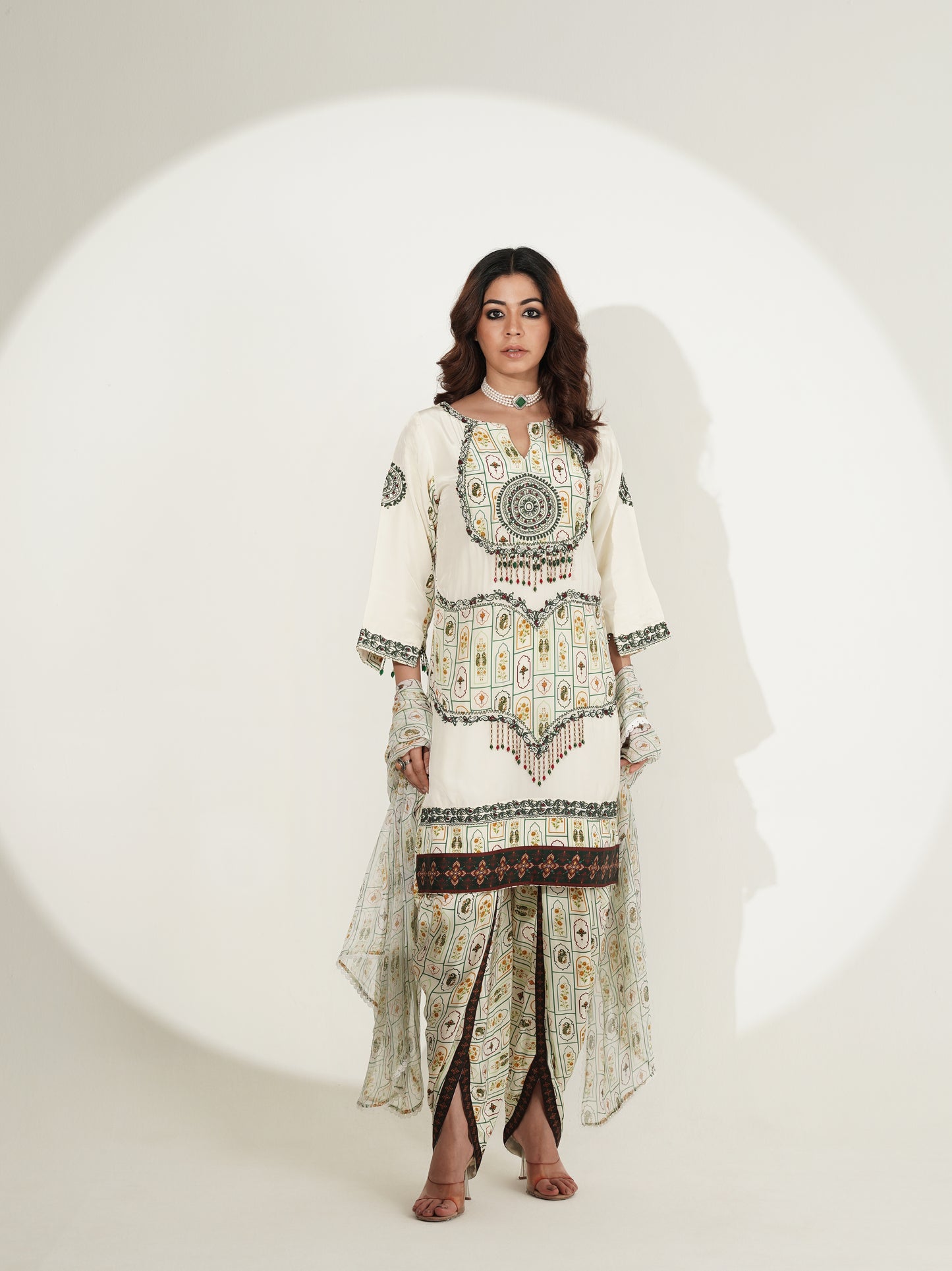 Ivory Printed Kurta Set with Embellished Dupatta & Tulip Pants
