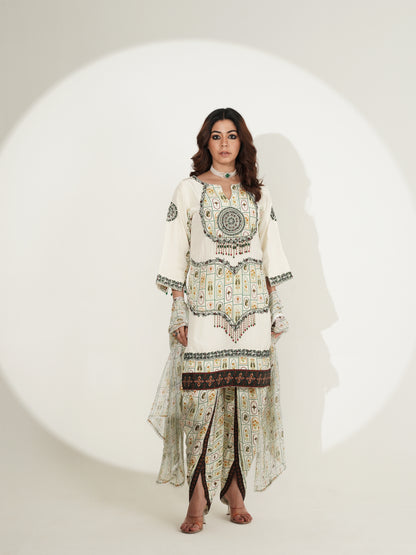 Ivory Printed Kurta Set with Embellished Dupatta & Tulip Pants