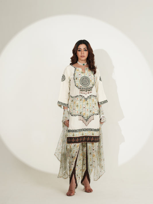 Ivory Printed Kurta Set with Embellished Dupatta & Tulip Pants