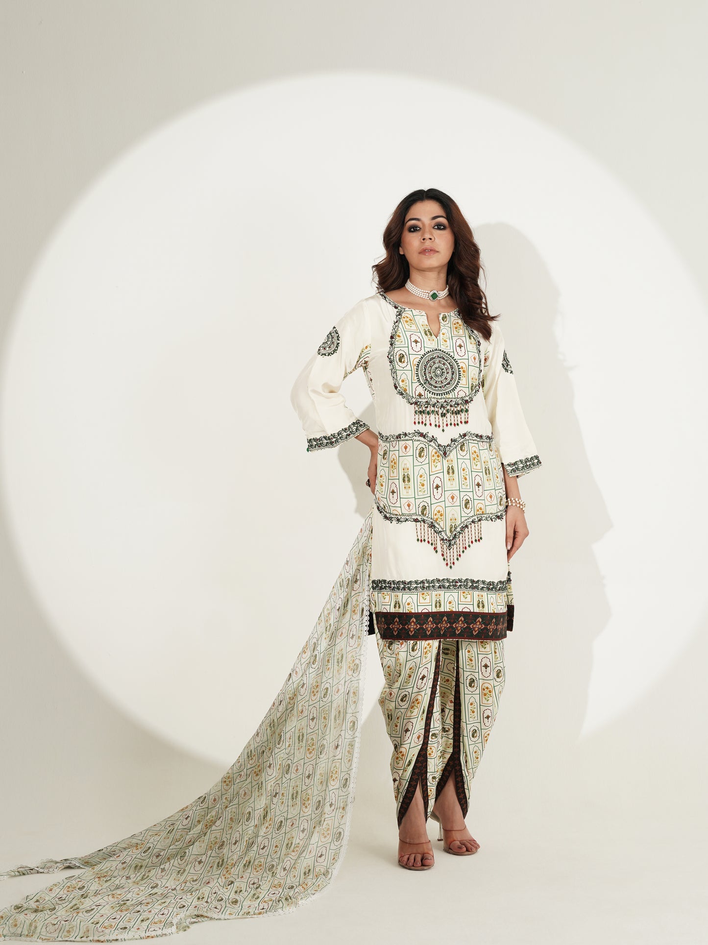 Ivory Printed Kurta Set with Embellished Dupatta & Tulip Pants