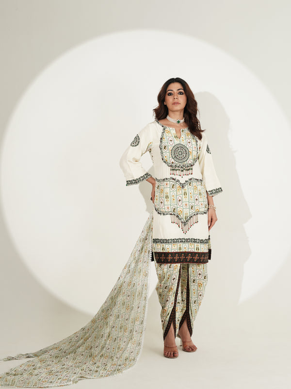 Ivory Printed Kurta Set with Embellished Dupatta & Tulip Pants
