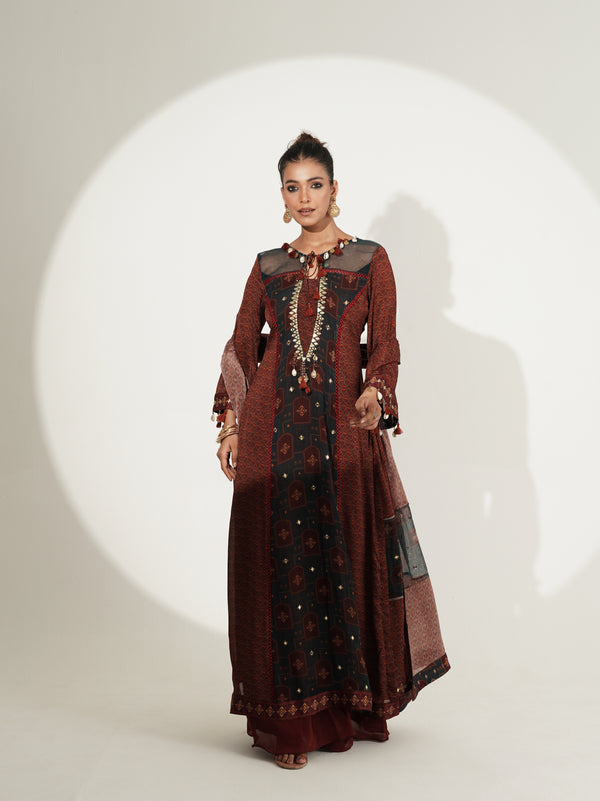 Maroon Mirror Work Printed Long Suit Set