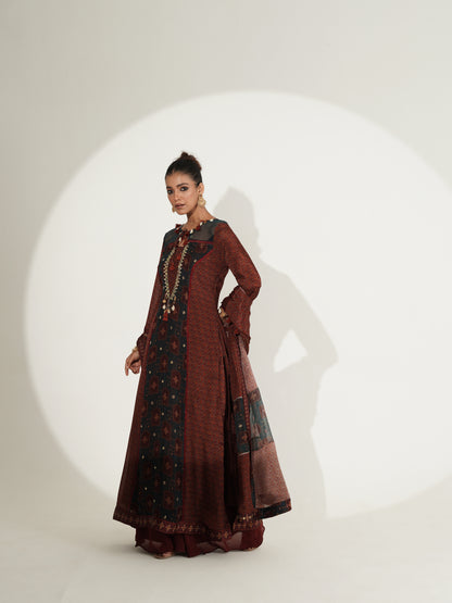 Maroon Mirror Work Printed Long Suit Set