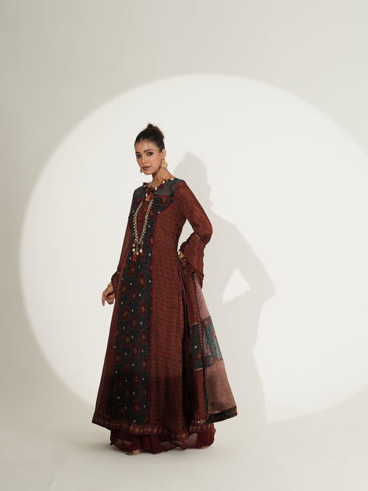 Maroon Mirror Work Printed Long Suit Set