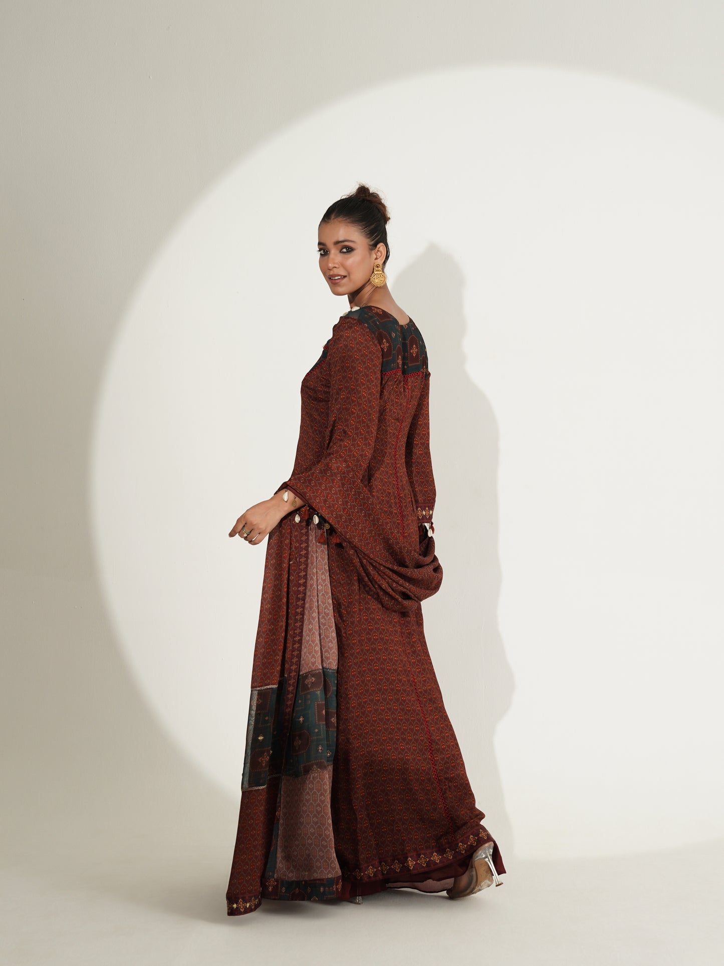 Maroon Mirror Work Printed Long Suit Set