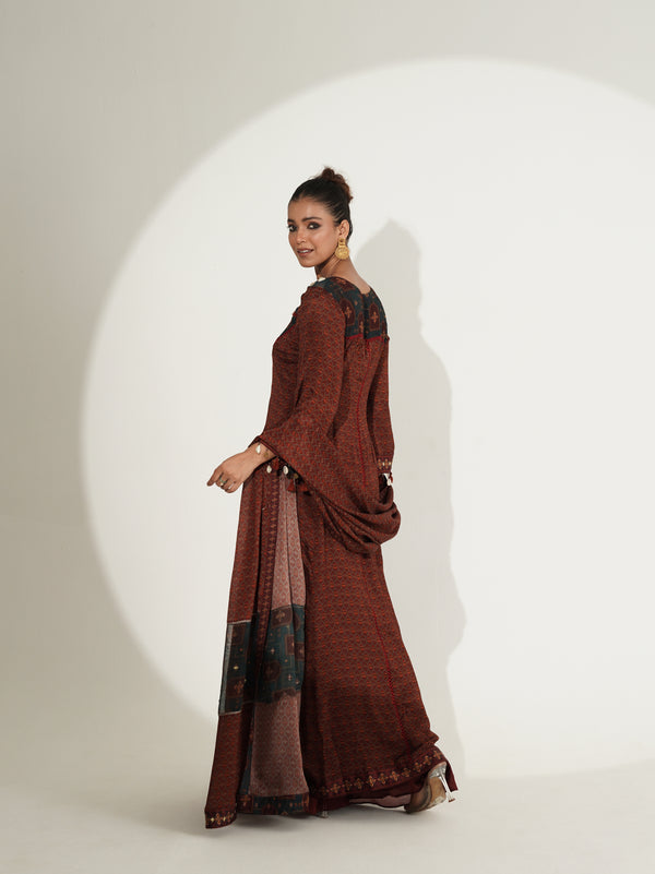 Maroon Mirror Work Printed Long Suit Set