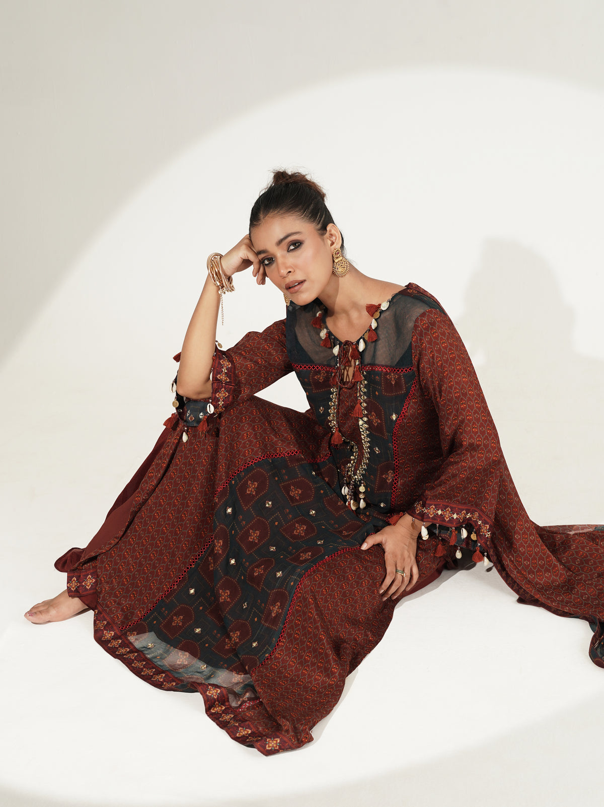 Maroon Mirror Work Printed Long Suit Set
