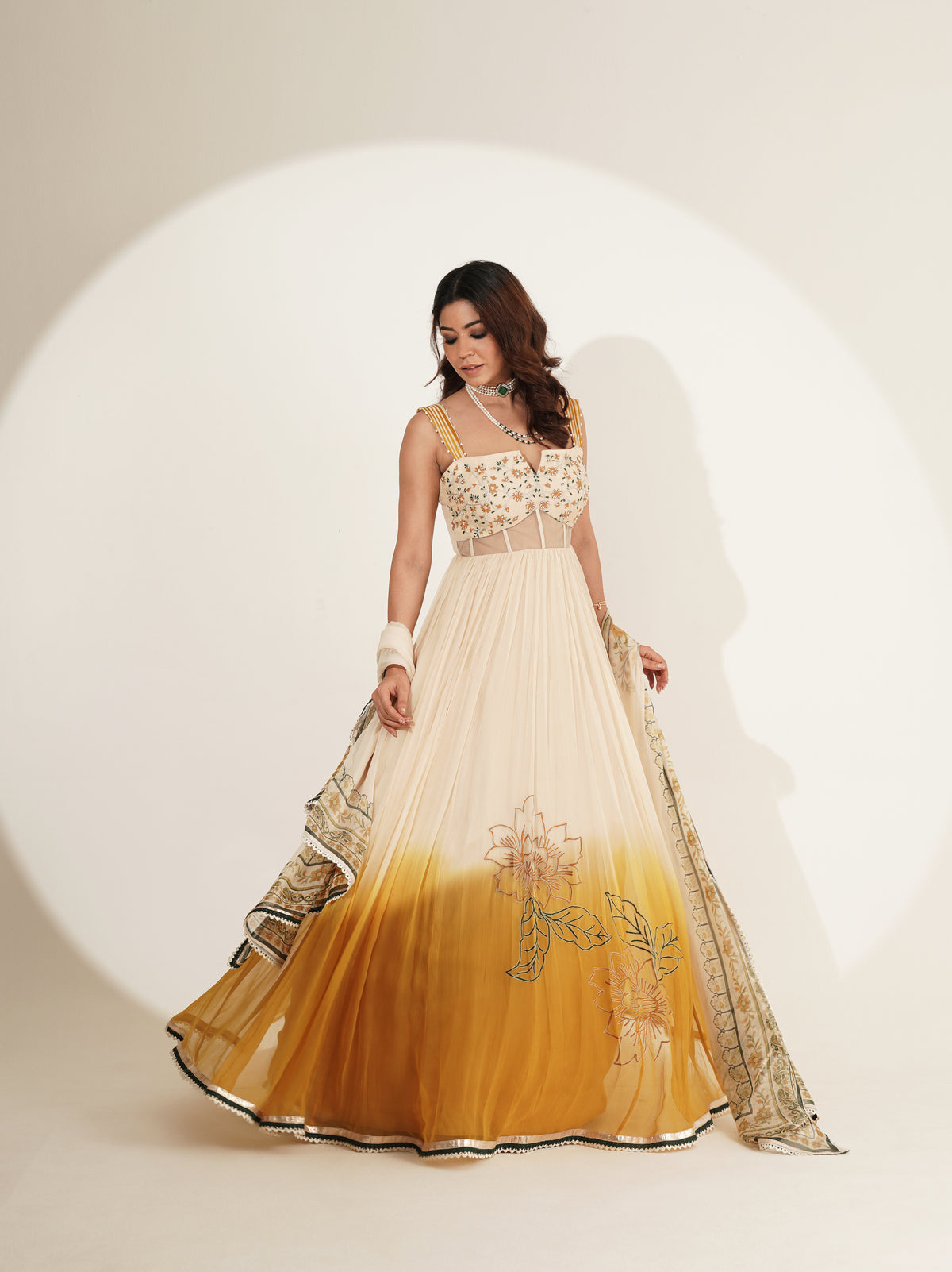 Ivory and mustard floral ombré lehenga set, side view