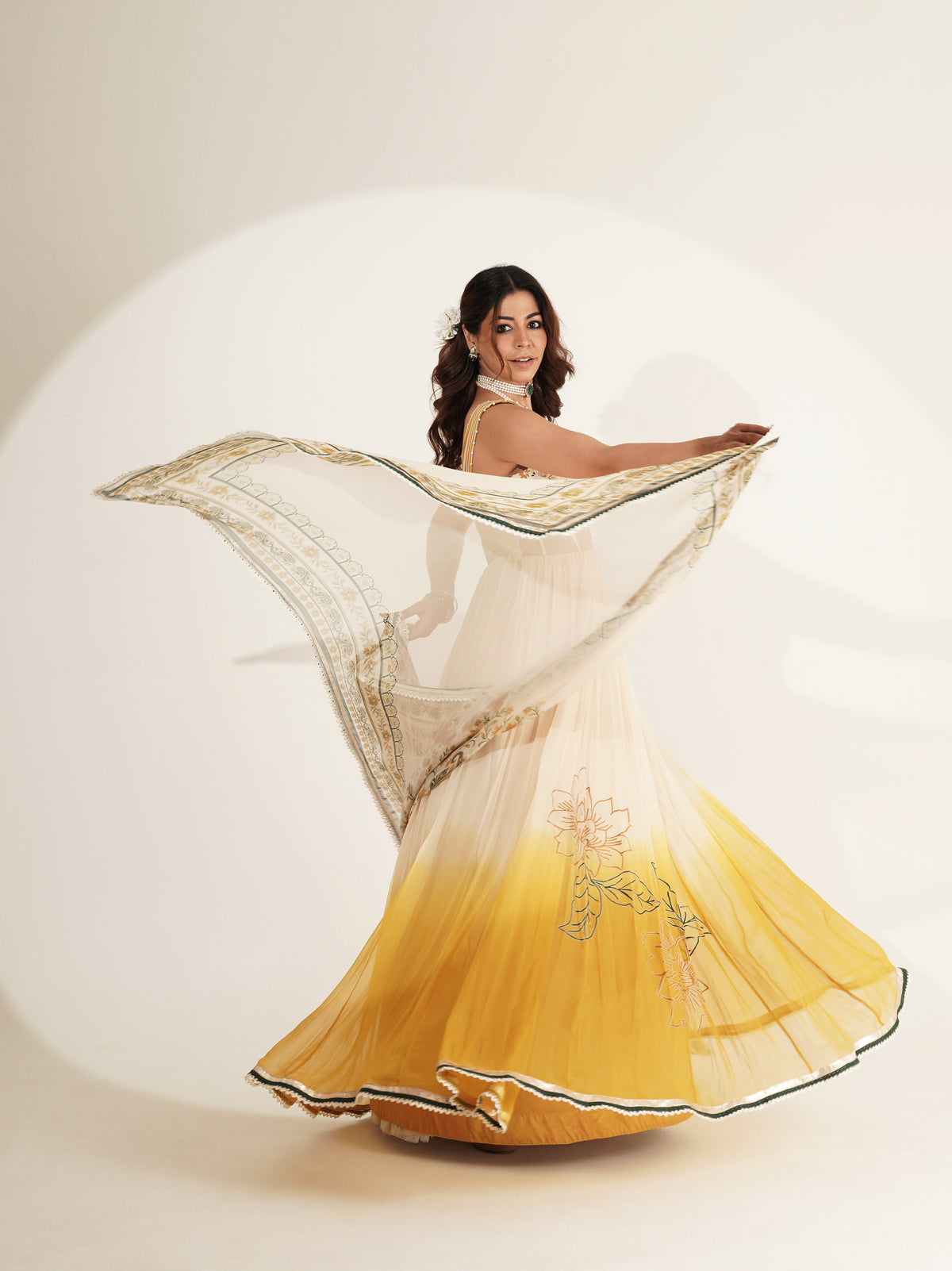 Ivory and mustard floral ombré lehenga set, front view