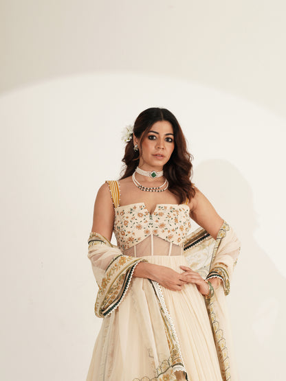 Ivory and mustard ombré lehenga set showing back view