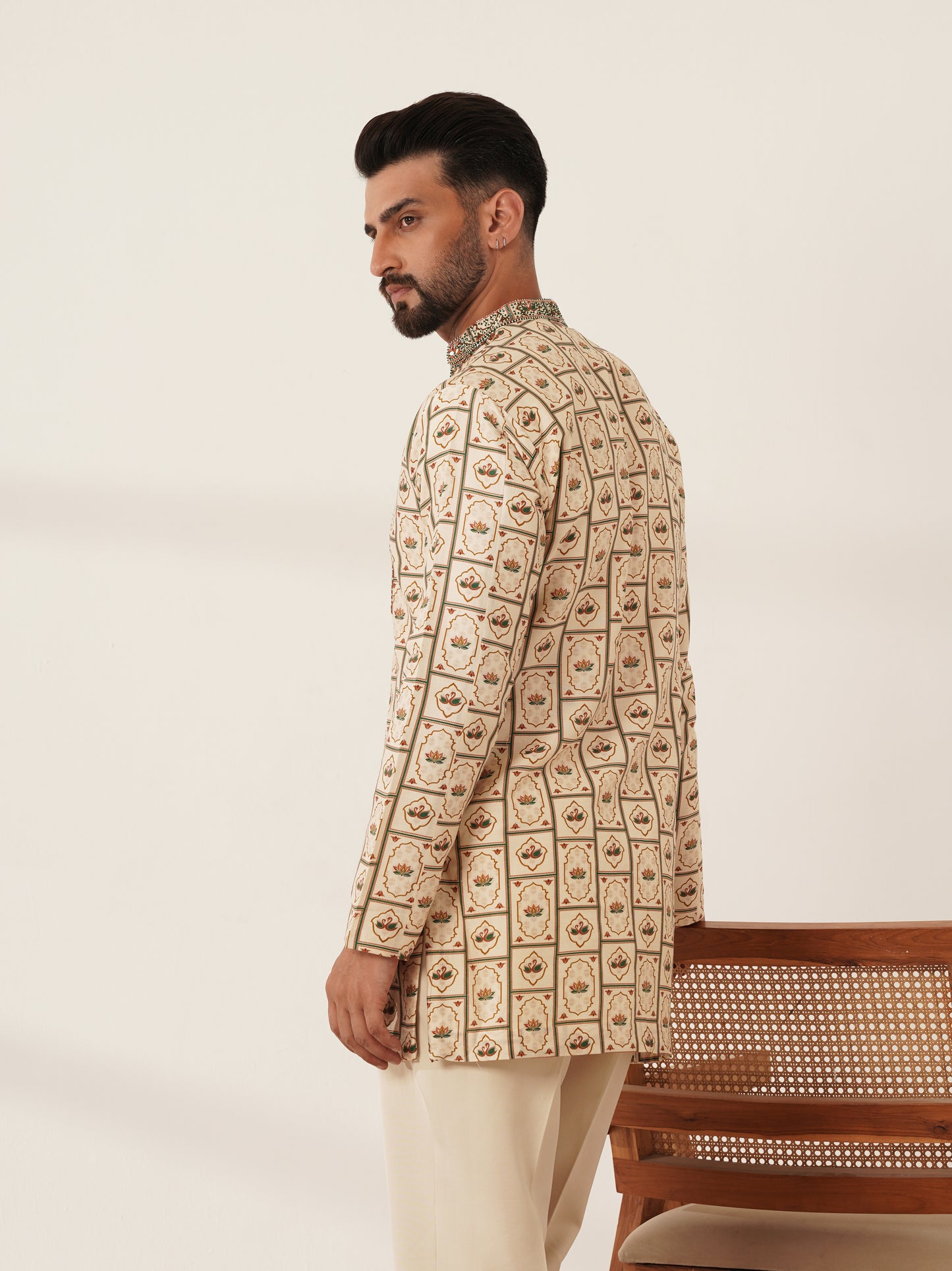 Ivory Printed Kurta Set with Embellished Placket