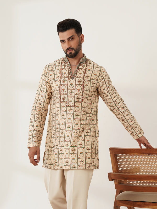 Ivory Printed Kurta Set with Embellished Placket