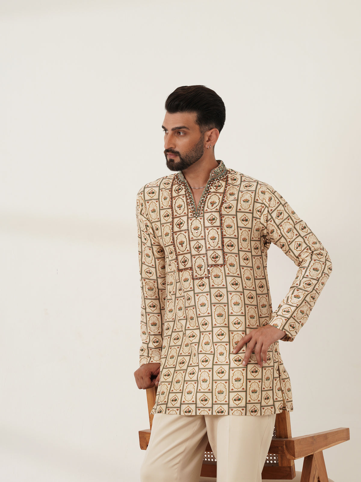 Ivory Printed Kurta Set with Embellished Placket