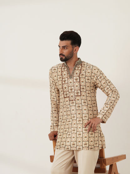 Ivory Printed Kurta Set with Embellished Placket