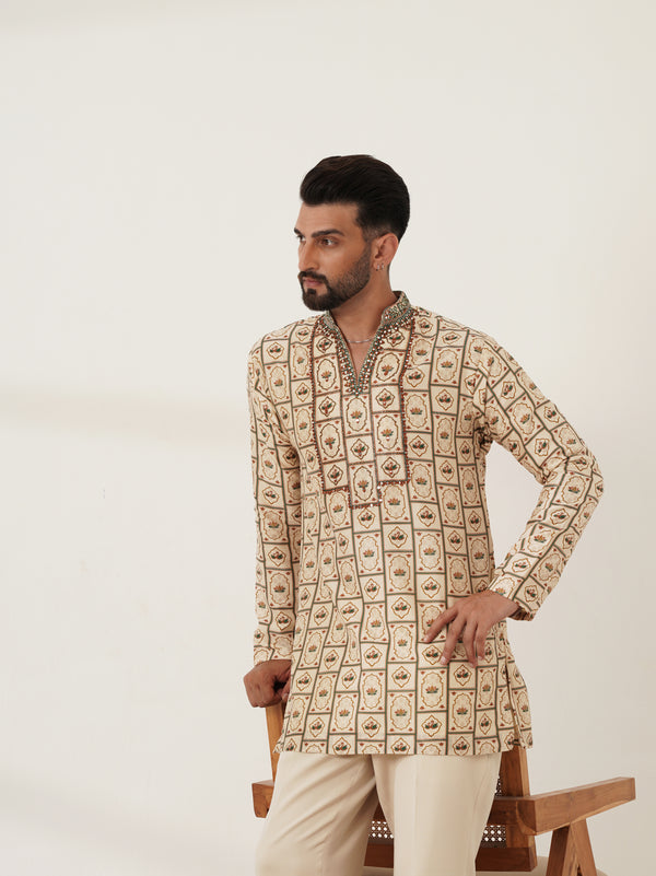 Ivory Printed Kurta Set with Embellished Placket