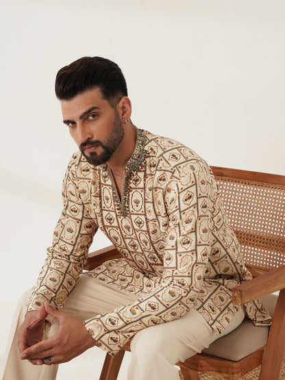 Ivory Printed Kurta Set with Embellished Placket
