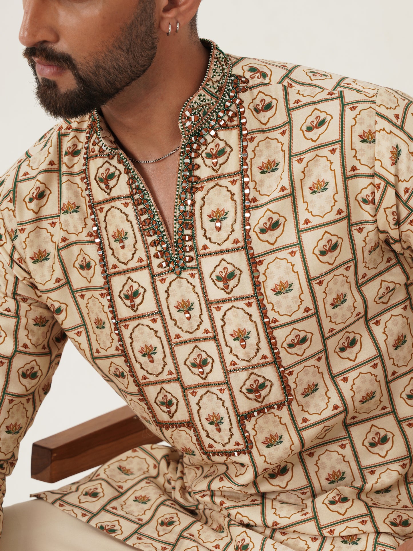 Ivory Printed Kurta Set with Embellished Placket