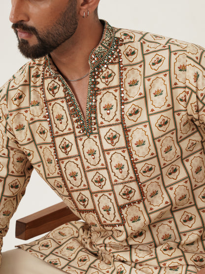 Ivory Printed Kurta Set with Embellished Placket