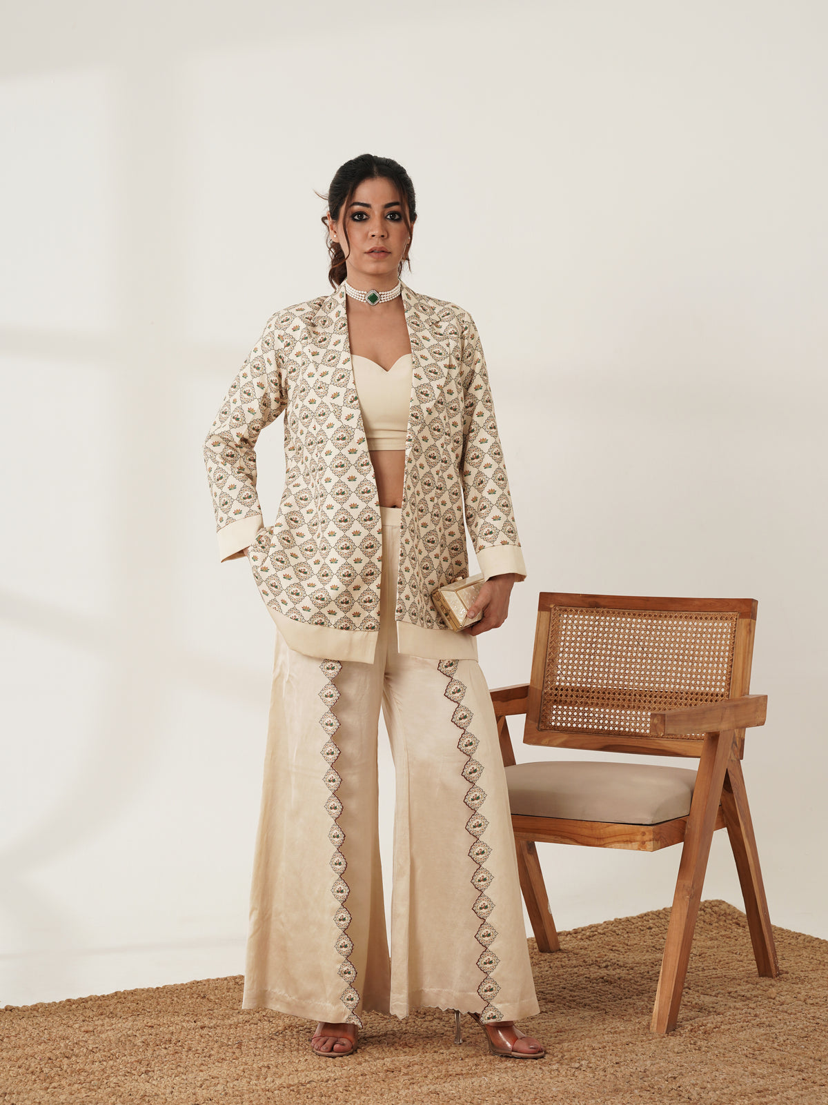 Beige printed co-ord set with statement jacket, front view