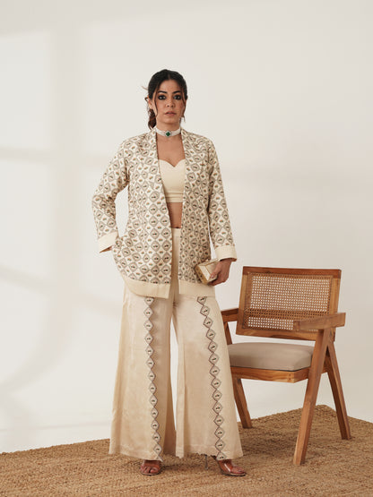 Beige printed co-ord set with statement jacket, front view