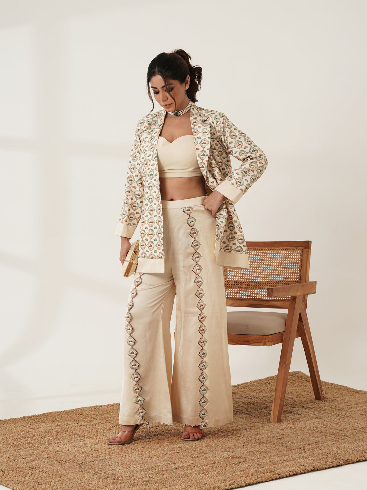 Beige printed co-ord set with embroidered palazzo pants