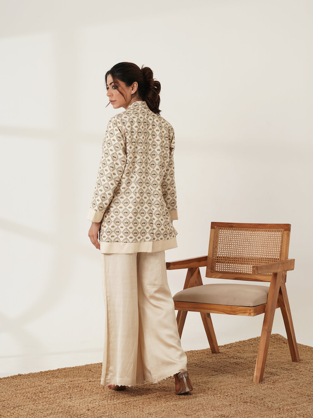Beige statement jacket co-ord set, back view