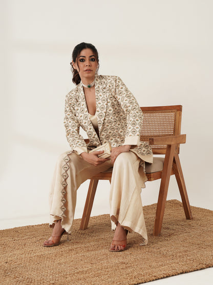 Beige printed co-ord set with statement jacket, full-length view