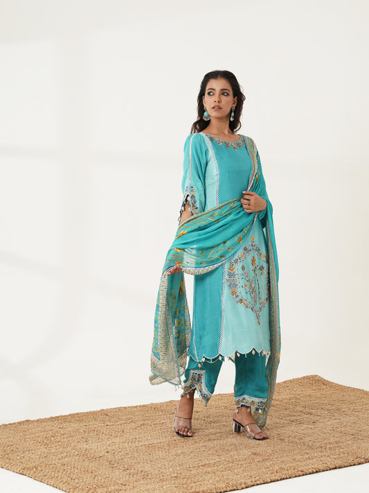 Aqua Bloom embroidered kurta set with printed dupatta, front view