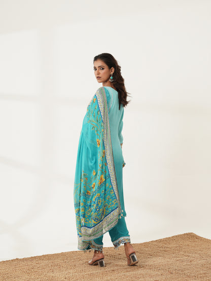 Aqua Bloom embroidered kurta set, back view