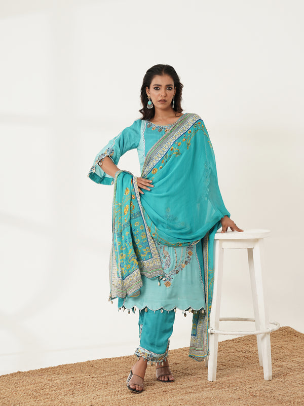 Aqua blue embroidered kurta set showing printed dupatta