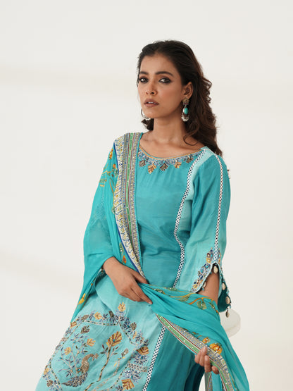 Aqua embroidered kurta set with dhoti-style pants, side view