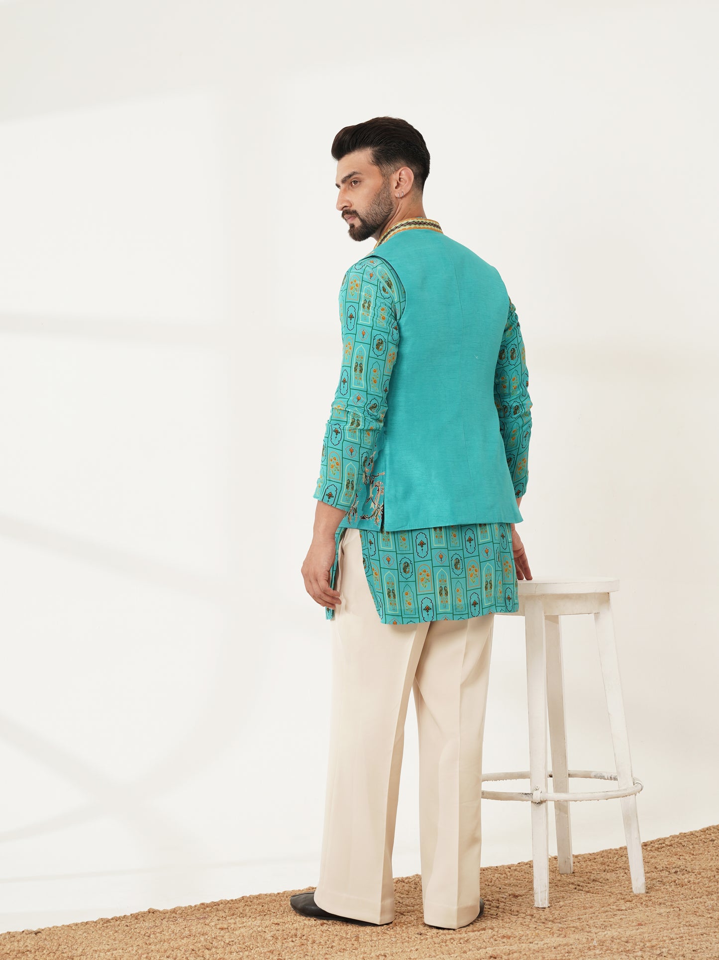 Turquoise Blue Printed Kurta Set with Embroidered Jacket