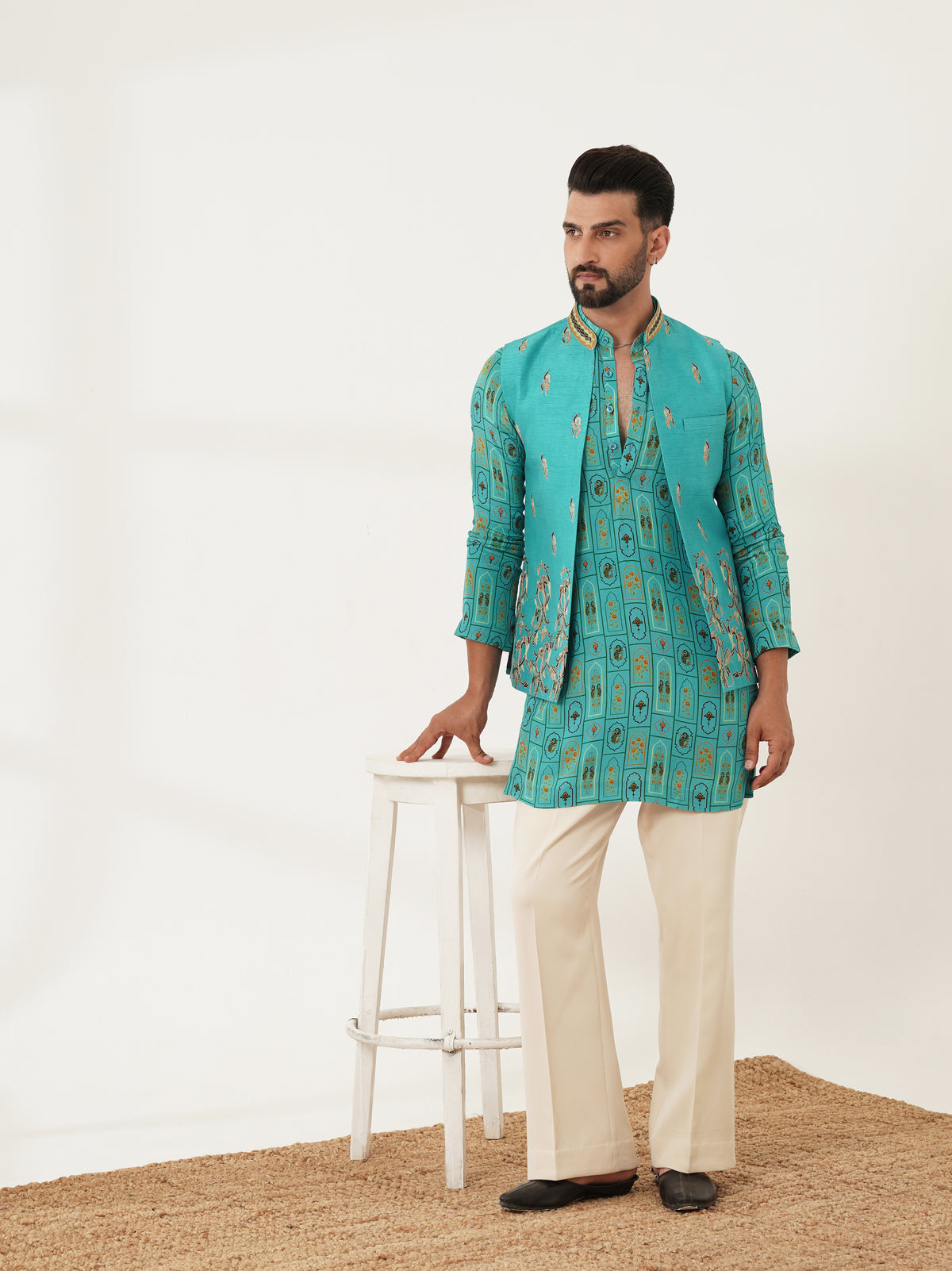 Turquoise Blue Printed Kurta Set with Embroidered Jacket