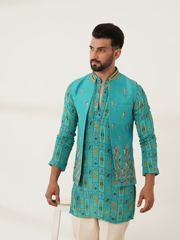 Turquoise Blue Printed Kurta Set with Embroidered Jacket