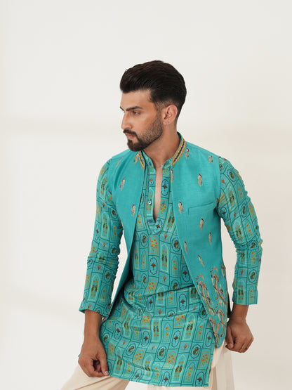Turquoise Blue Printed Kurta Set with Embroidered Jacket