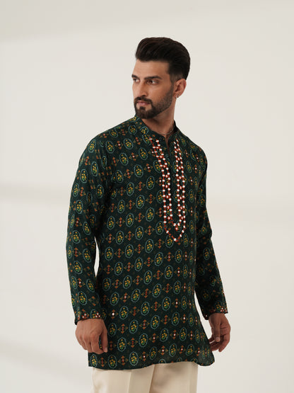 Deep Forest Green Printed Kurta Set with Embellished Placket