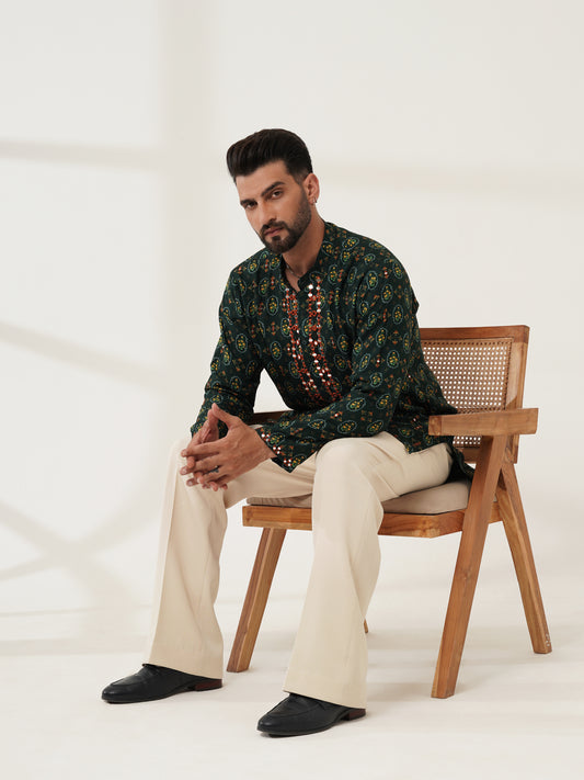 Deep Forest Green Printed Kurta Set with Embellished Placket