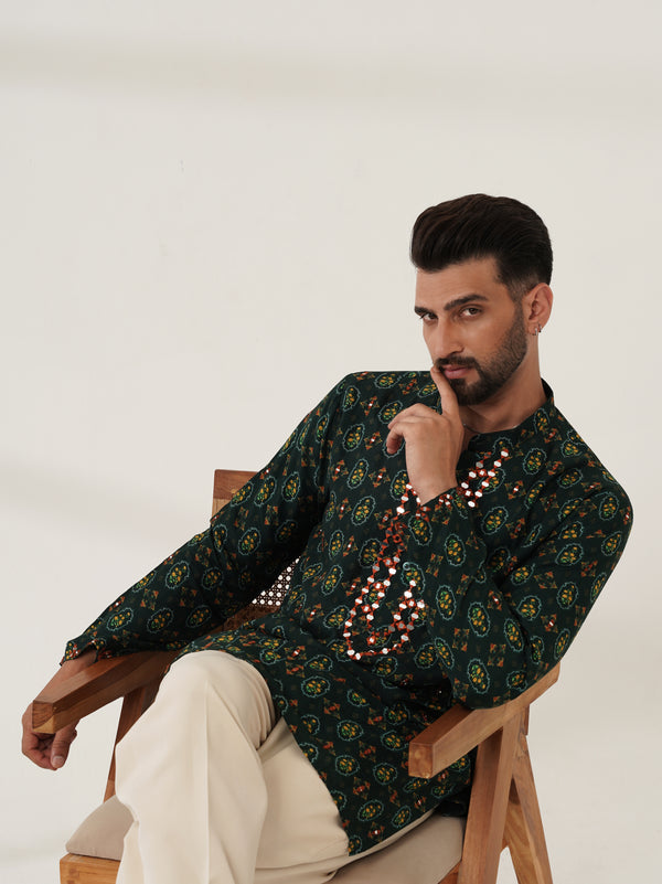 Deep Forest Green Printed Kurta Set with Embellished Placket